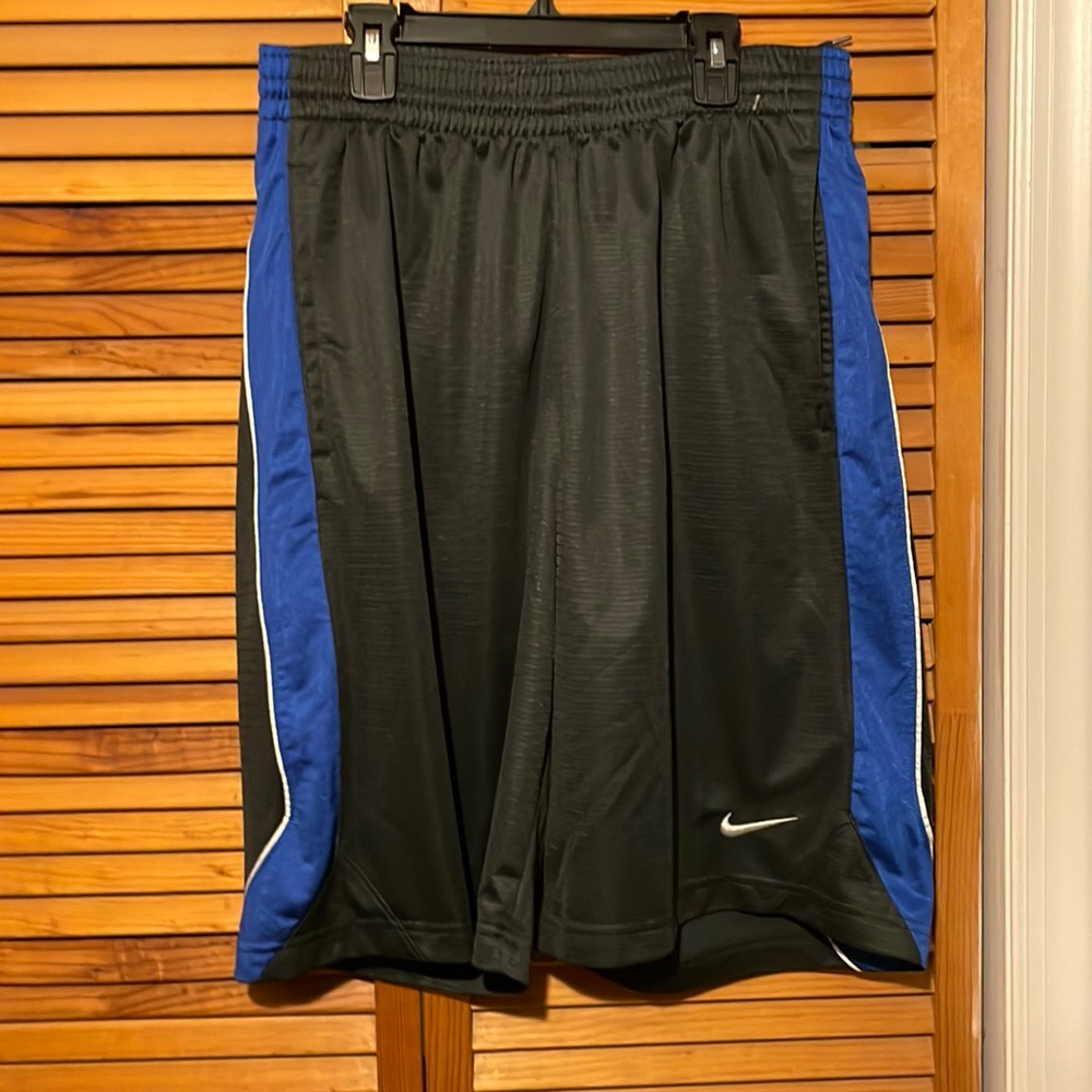 Nike men’s size medium, athletic shorts, charcoal gray blue with white piping